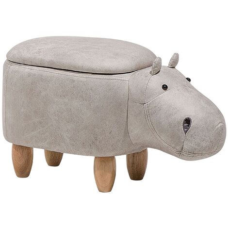 Modern Faux Leather Stool Light Grey Upholstery Storage Solid Wood Animal Hippo