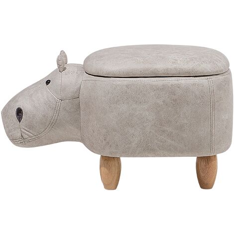 Modern Faux Leather Stool Light Grey Upholstery Storage Solid Wood Animal Hippo