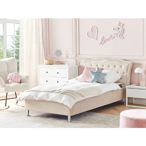 Modern Velvet EU Single Size Bed Frame Tufted Headboard Beige Metz
