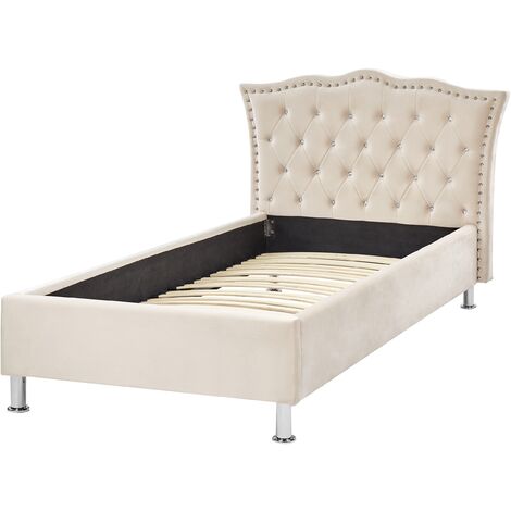 Modern Velvet EU Single Size Bed Frame Tufted Headboard Beige Metz