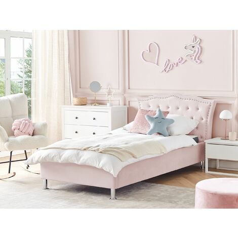 Modern Velvet EU Single Size Bed Frame with Storage Tufted Headboard Pink Metz