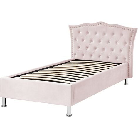 Modern Velvet EU Single Size Bed Frame with Storage Tufted Headboard Pink Metz