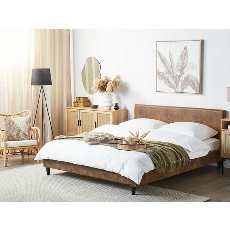 Modern Faux Lather EU King Size Bed Frame 5ft3 Slatted Base Brown Fitou
