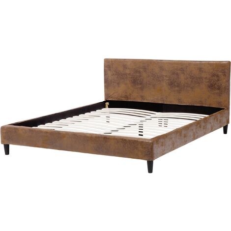 Modern Faux Lather EU King Size Bed Frame 5ft3 Slatted Base Brown Fitou