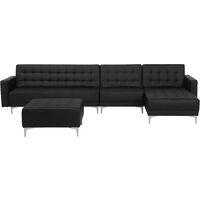 Modular Left Hand L-Shaped Sofa Bed Seat Ottoman Black PU Leather Aberdeen