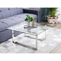 Modern Coffee Table Clear Tempered Glass Square Tabletop Metal Silver Base Crystal - Silver