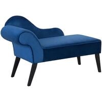 Vintage Left Hand Velvet Chaise Lounge Cobalt Blue Upholstery Black Legs Biarritz - Blue