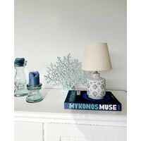 Modern Table Lamp Bedside Light Fabric Shade Ceramic Base Beige and Blue Rosanna