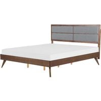 Wooden EU Super King Size Bed Frame 6ft Fabric Headboard Dark Wood Grey Poissy