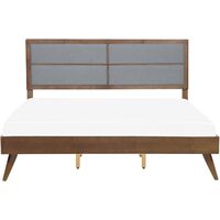 Wooden EU Super King Size Bed Frame 6ft Fabric Headboard Dark Wood Grey Poissy