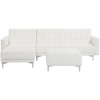 Modular Right Hand L-Shaped Sofa Bed Ottoman White PU Leather Tufted Aberdeen - White