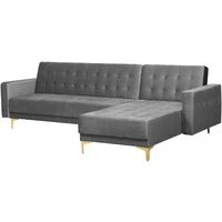 Modular Left Hand L-Shaped Corner Sofa Bed Grey Velvet Tufted Aberdeen