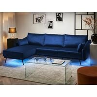 Modern Right Hand Velvet Corner Sofa 3 Seater Chaise Longue LED Navy Blue Varde