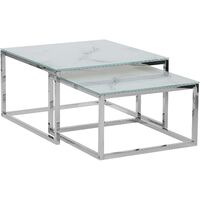 Nest of 2 Coffee Tables Living Room White Marble Effect Top Silver Legs Brea