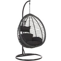 Boho Black Rattan Hanging Chair with Base Indoor-Outdoor Wicker Egg Shape Tollo