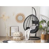 Boho Black Rattan Hanging Chair with Base Indoor-Outdoor Wicker Egg Shape Tollo