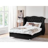 EU King Size Velvet Bed Frame 5ft3 Black Buttoned Nailhead Trim Slatted Ayette
