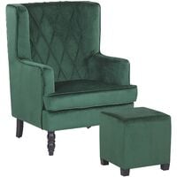Classic Armchair with Footstool Velvet Fabric Wooden Legs Green Sandset - Green