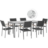 6 Seater Garden Dining Set Marble Veneer HPL Top Black Rattan Chairs Grosseto - White
