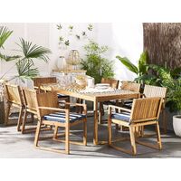 Outdoor Garden Acacia Wood Dining Set Table 8 Chairs Blue and White Cushions Sassari - Light Wood