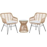 Modern Outdoor Rattan Bistro Set 2 Chairs with Cushions Round Table Trestina - Natural