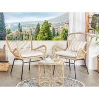 Modern Outdoor Rattan Bistro Set 2 Chairs with Grey Cushions Round Table Labico - Natural