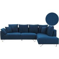 Modern Navy Blue Corner Sofa Corduroy Fabric Cushions Chromed Legs Lunner