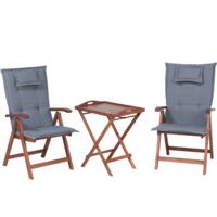 Rustic Garden Bistro Set Acacia Wood Table 2 Chairs Folding Cushions Blue Toscana