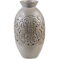 Boho Decorative Vase Painted Clay Carved Floral Motif Handmade Grey Eleusis - Grey