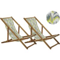 Set of 2 Folding Deck Chairs Sun Loungers Yellow and Grey Light Acacia Anzio
