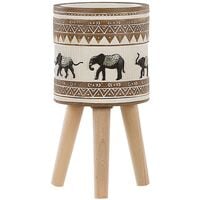Large Tall Planter Magnesium Wooden Stand Beige Brown African Motif Kottes - Brown