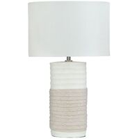 Modern Table Lamp Linen Fabric Drum Shade Beige Porcelain Base Bedside Navia