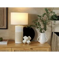 Modern Table Lamp Linen Fabric Drum Shade Beige Porcelain Base Bedside Navia