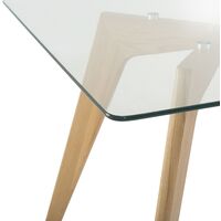 Modern Dining Table Transparent Glass Tabletop Solid Wood Flared Legs Hudson