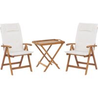 Rustic Garden Bistro Set Acacia Wood Table 2 Chairs Folding Off-White Cushions Java - Light Wood