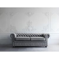 Modern Leather Sofa 3 Seater Button Tufted Scroll Arms Grey Chesterfield
