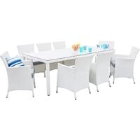 Faux Rattan Garden Dining Set Table and 8 Chairs Glass Tabletop White Italy