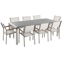 8 Seater Garden Dining Set Triple Grey Granite Top White Chairs Grosseto - Grey