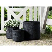 3 Outdoor Plant Pot Planter Set Round Stone Black Samos - Black