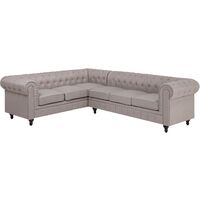 Right Hand Corner Sofa L-Shaped Button Tufted 5 Seater Beige Fabric Chesterfield - Beige