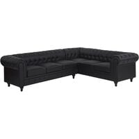 Left Hand Corner Sofa L-Shaped Button Tufted 5 Seater Black PU Chesterfield