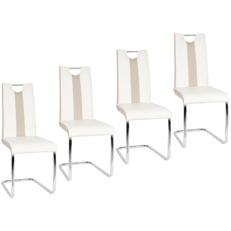 Haloyo Lot de 4 Chaises Salle à Manger, Chaise de Cuisine avec avec Assise et Dossier en PU, en Métal Pieds,blanc et beige (1/5)