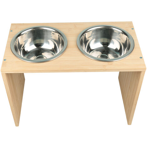 Fr Katzen und Hunde Bambus mit 2 Edelstahlnpfen, Katzen-Napf, erhht  Doppel-Fressnapf, Futterstation Futternapf-Halterung 2 x 0.3 L Erhhter  Futterspender fr mittlere grere Hunde