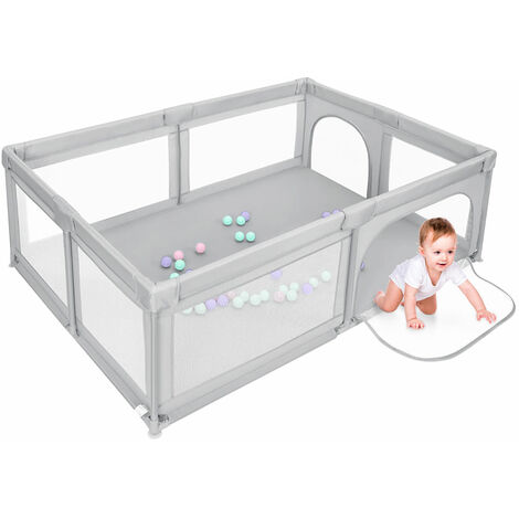 Parc pour bébé,Parc bébé aire de jeux,Haloyo®,Parc Pliable avec Barrières,avec mesh respirant intérieur extérieur,Avec 50 boules océaniques,205 x 147 x 66cm,gris clair