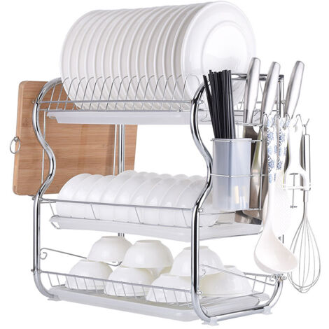 Panier égouttoir d'évier 3 étages en métal – Porte-couverts et bac de récupération – Crochets pour tasses et assiettes – Capacité 40 kg – Jeobest