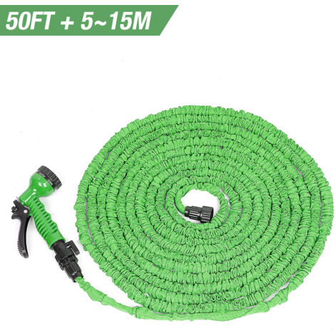 Tuyaux d'arrosage extensible rétractable avec Pistolet 7 fonctions pour Jardin, Irrigation, Nettoyage - 50FT / 5M - 15M - Vert (1/6)