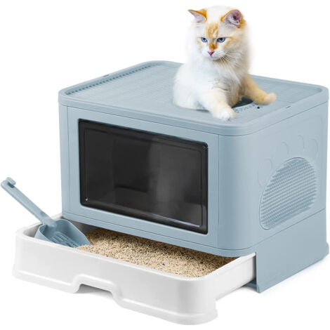 Bac Litière Chat Pliable Maison de Toilette Chat Fermée,avec zone de chatouillement+ pelle à litière 50.8×40×37cm bleu