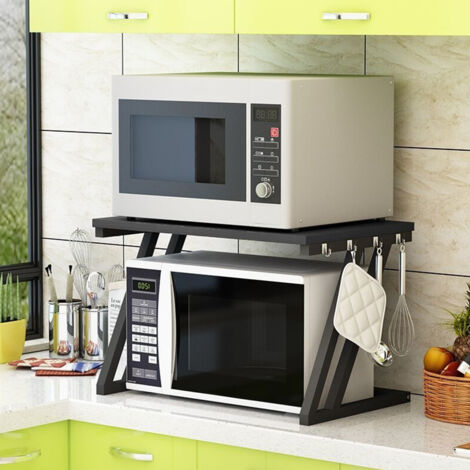 Yongqing – Support de four à micro-ondes en acier au carbone – Organisateur de cuisine avec 4 crochets amovibles – Double couche pour rangement efficace