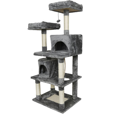 Yongqing – Arbre à chat en sisal naturel – 2 niches et panier – Hauteur 1,5m – Idéal pour 2-3 chats – Surface de grattage et espaces de sieste