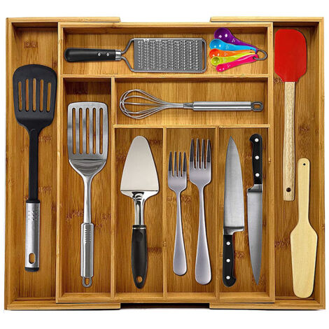 Range-Couverts organiseur de Tiroir de Cuisine en bois : 34×43-50×5cm Extensible en bambou, nature de 6 à 8 compartiments penderie bijoux cravate ustensiles de cuisine, nature (1/5)